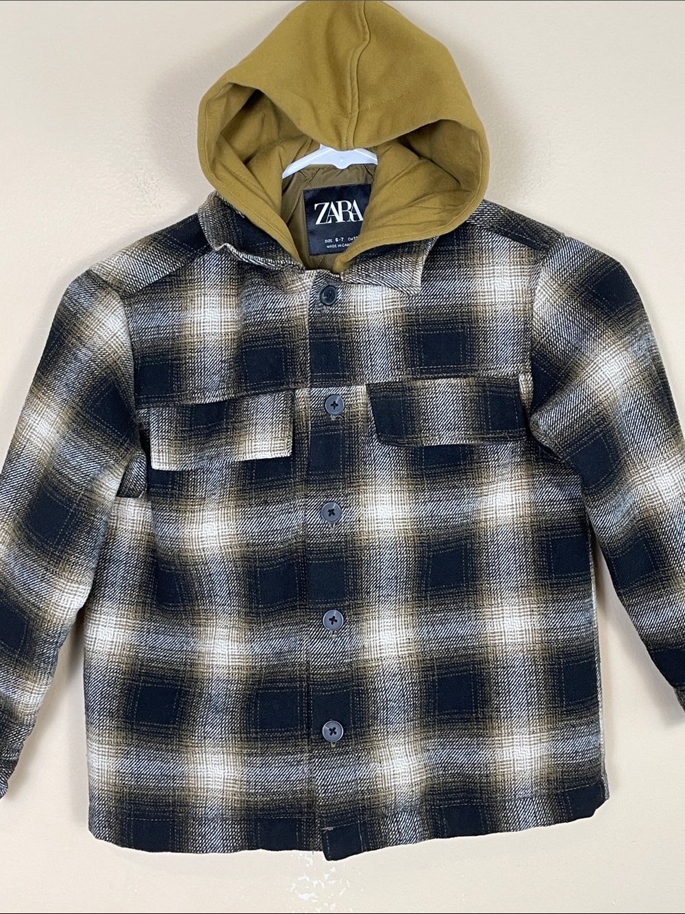Zara Kids Boys’ Plaid Hooded Zip-Up Button-Up Outdoor Fall Shacket Jacket